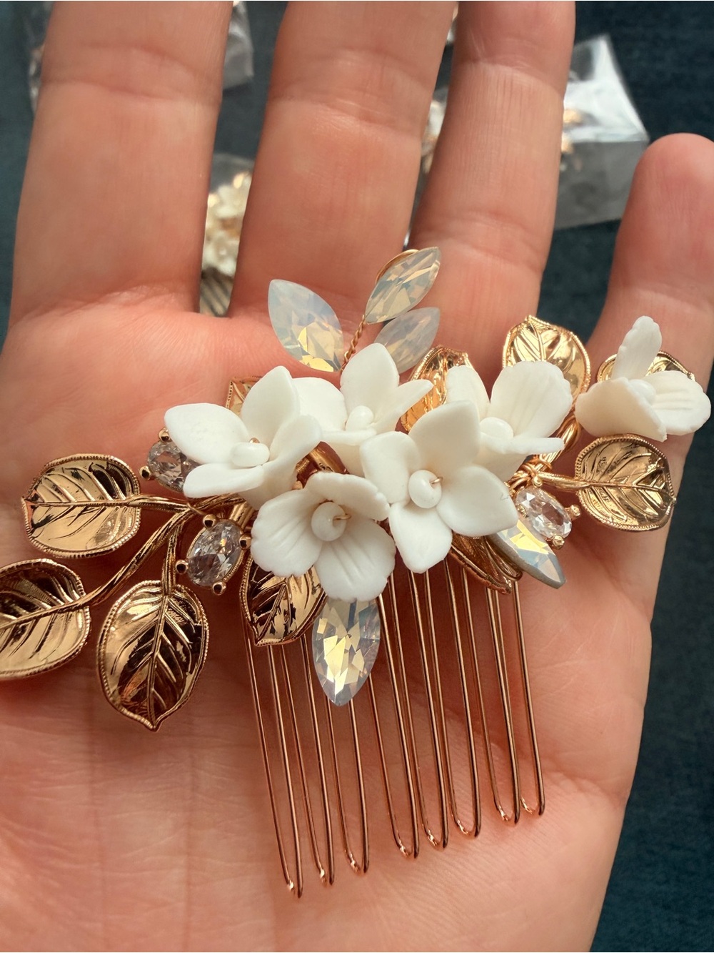 Gold Floral Hair Comb White Porcelain Flowers, small bridal hair combs, 7 pieces